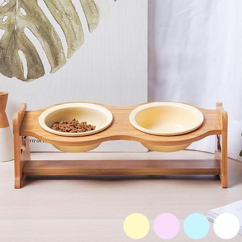 【Petifam】ペティファーム 陶器製バンブースタンド付き ダブルフードボウル ＜全4色＞犬用 食器 食器台 パステルカラー 陶器製 食洗機可