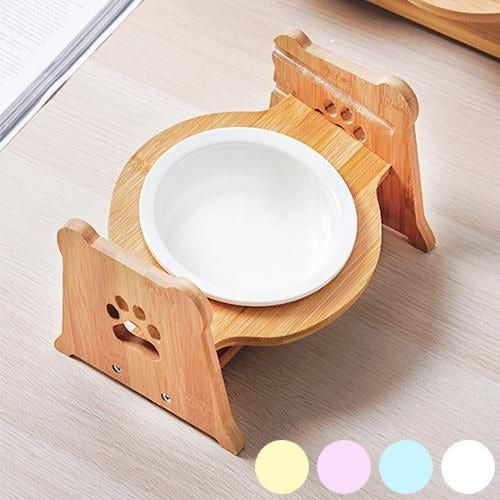 【Petifam】ペティファーム 陶器製バンブースタンド付き シングルフードボウル ＜全4色＞犬用 食器 食器台 パステルカラー 陶器製 食洗機可