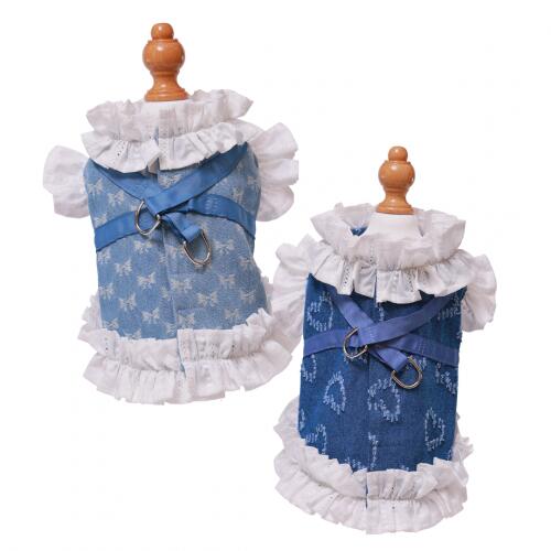 【GODPIVA】COOLガーリーデニムハーネス［ゴッドピバ］ 犬用 胴輪 ハート リボン デニム コットンレース 防虫加工