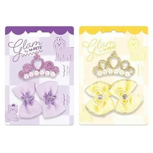 【M-PETS】エムペッツ GLAMヘアーアクセサリー CLIP&RUBBER ティアラ＜全2色＞ 犬用 パッチンクリップ リボン ゴム付き