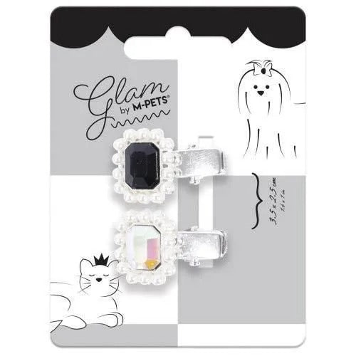 【M-PETS】エムペッツ GLAMヘアーアクセサリー CLIP きらきらスクエア 犬用 パッチンクリップ ワニピン スクエアストーン パール