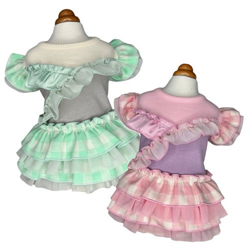 【GODPIVA】バイカラーチェックワンピース［ゴッドピバ］犬 服 ドッグウェア フリル ギンガムチェック サテン シフォン