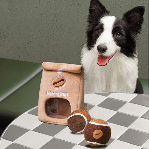 犬 猫 犬用 ペット 知育 おもちゃ テニスボール コーヒーバッグ セット 鳴り笛 Poozpet Coffee Beans プーズペット コーヒービーンズ