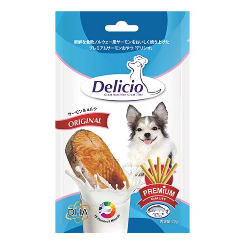 犬 犬用 おやつ 北欧 ノルウェー産 プレミアムサーモン ミルク味 スティックタイプ Delicio デリシオ オリジナル サーモン＆ミルク 70g