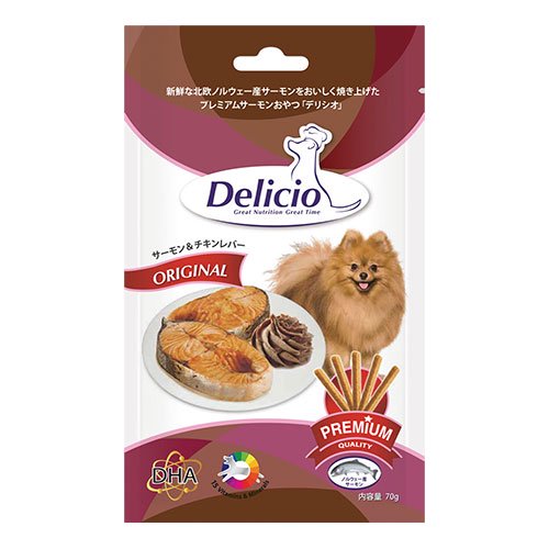 犬 犬用 おやつ 北欧 ノルウェー産 プレミアムサーモン チキンレバー風味 スティックタイプ Delicio デリシオ オリジナル サーモン＆レバー 70g