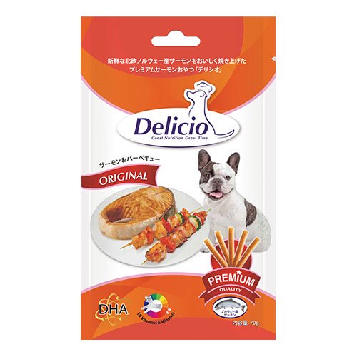 犬 犬用 おやつ 北欧 ノルウェー産 プレミアムサーモン バーベキュー味 スティックタイプ Delicio デリシオ オリジナル サーモン＆バーベキュー 70g